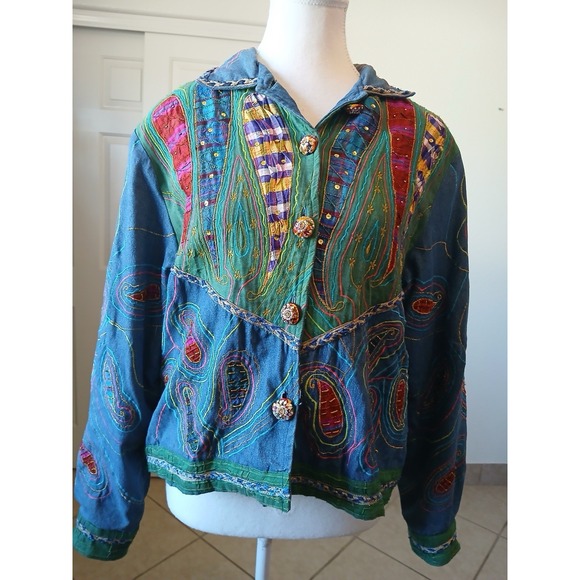 VINTAGE Anage size large jean jacket with beautiful embelishment Bohemian - Picture 1 of 16